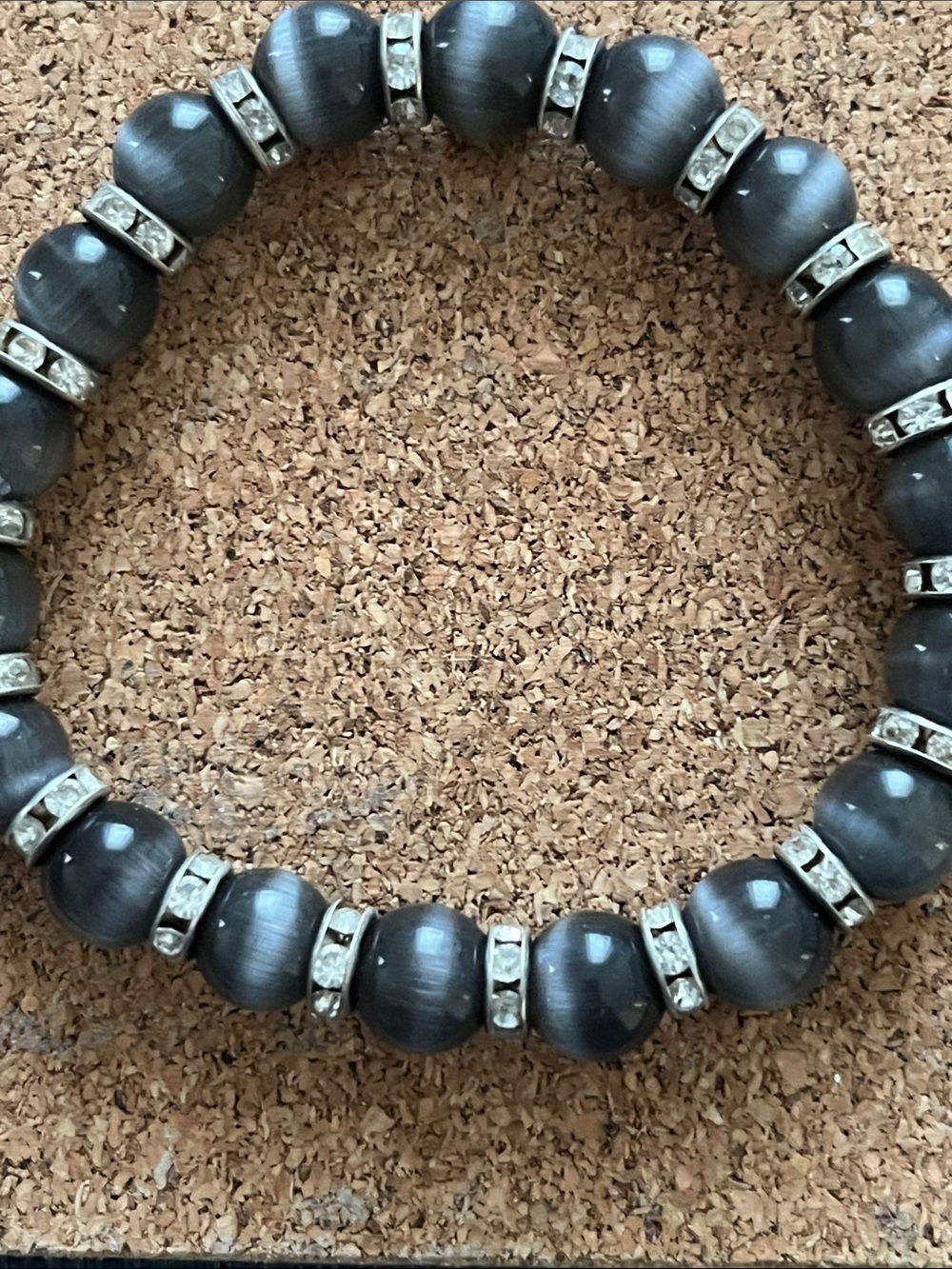 Black Gray Cats Eye Beaded Stretch Bracelet with Rhinestone Spacers NWT - Picture 2 of 3